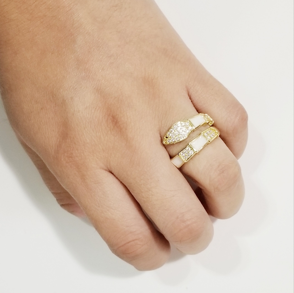 New 18k Gold Plated Snake Stackable Women's Ring. White. Adjustable